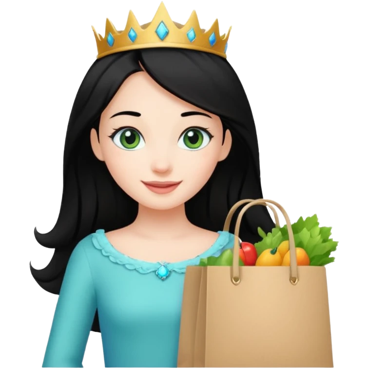 zadowlona czarnowłosa ksiezniczka z dlugimi wlosami i ma niebiesko zielone oczka jest zadowolona z zakupami emoji