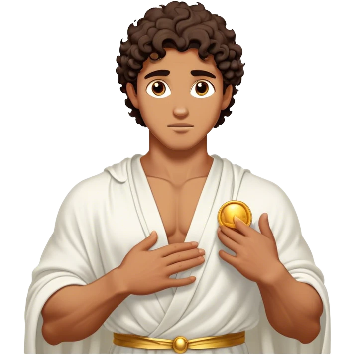 Cinematic Realistic Hercules Portrait, depicted as a classical Greek hero inspired by the Disney version yet echoing the refined proportions and serene dignity of Michelangelo's David. His idealized, sun-kissed tan skin glows with timeless strength, and his thick, curly wavy dark brownhair falls in natural, sculpted curls. Draped in a flowing white robe with delicate golden accents, his expressive eyes radiate determined nobility, all rendered under dynamic natural lighting with a mythic, radiant glow. emoji