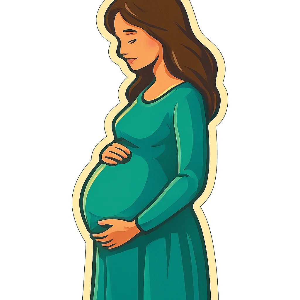 pregnant woman half-length portrait, in long dress, standing sideways, holding belly, face and head fully in frame, retro stickers style, soft rounded shapes, expressive contours, vintage color palette, light paper texture, shadows and highlights, transparent background emoji
