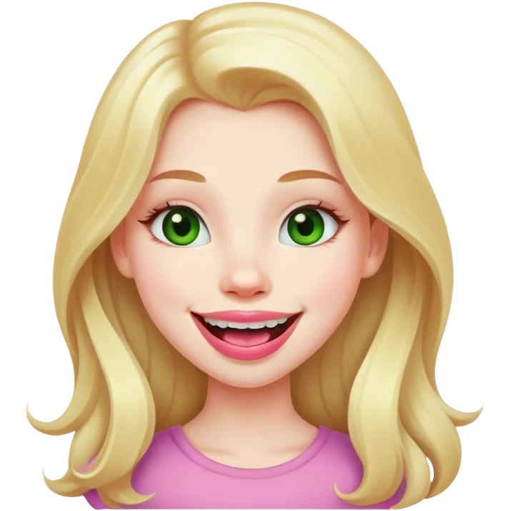 Young girl with pale skin, full pink lips smiling, blonde reddish long hair, big brown eyes with a hint of green, big mouth emoji