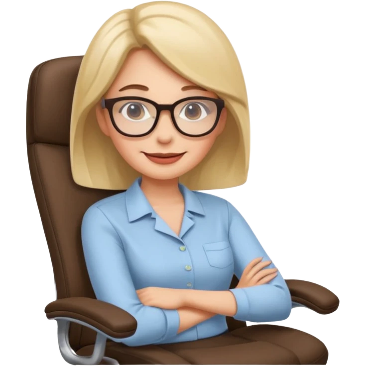 Woman having cartoon faced aligned in a chair in relaxing posture in an office chair and smiling emoji