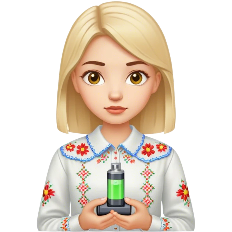 A Ukrainian girl in an embroidered shirt holds a battery emoji