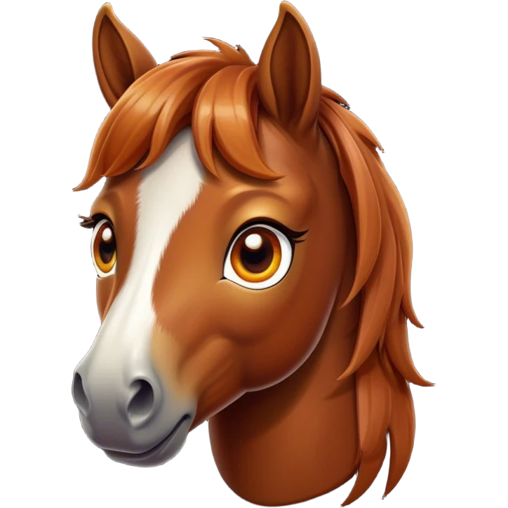 Cinematic Cute Chestnut Horse Portrait Emoji, Head tilted playfully and inquisitively, showcasing a glossy chestnut fur with a vibrant sheen and gentle, expressive amber eyes, Simplified yet irresistibly adorable features, highly detailed, glowing with a warm, friendly glow, high shine, affectionate and spirited, stylized with a touch of whimsy, bright and endearing, soft glowing outline, capturing the essence of a mischievous yet loving horse, so playful it feels like it could prance out of the screen and into your arms! emoji