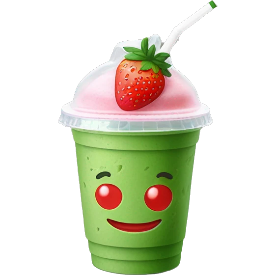 Strawberry iced matcha in takeaway plastic cup with flat lid and straw emoji