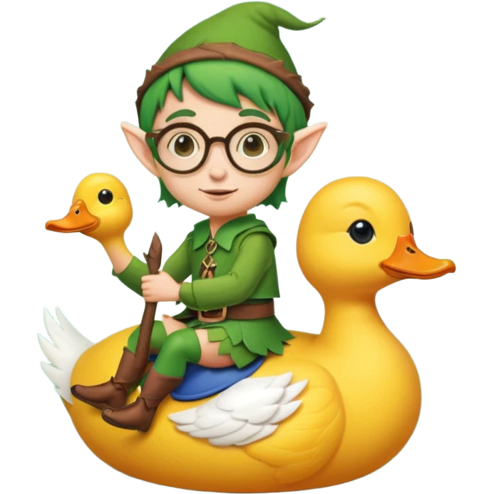 tiny forest elf with round glasses riding a duck emoji