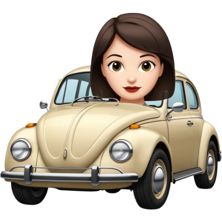 Pretty, sexy, slightly curvy white woman with short dark brown hair, beside a VW beetle emoji