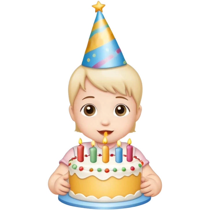 cute baby wearing birthday hat with birthday cake emoji