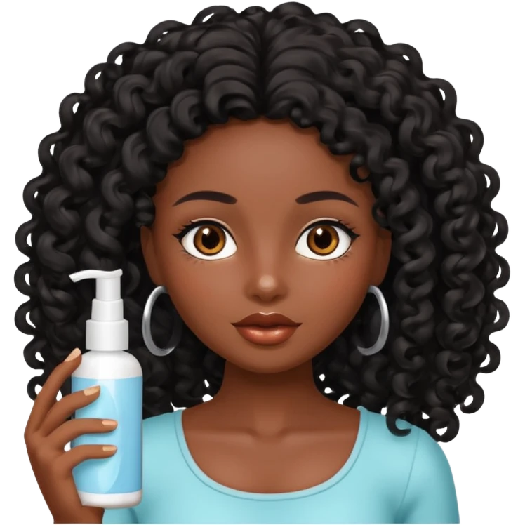 Uma boneca morena escura com olhos castanhos e cabelo cacheado longo preto, fazendo skin care emoji