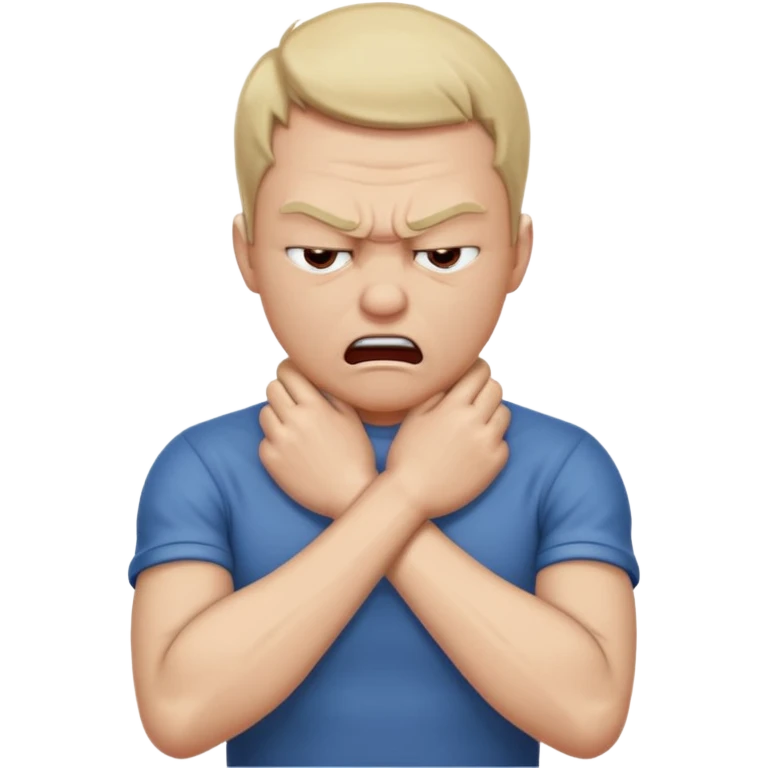 Grabbing throat with hands and looking angry with arms crossed and under chin, grabbing neck emoji
