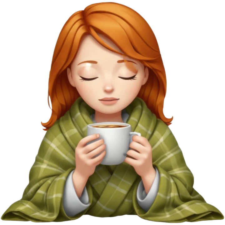 girl with ginger hair inside a blanket sipping coffee eyes closed emoji