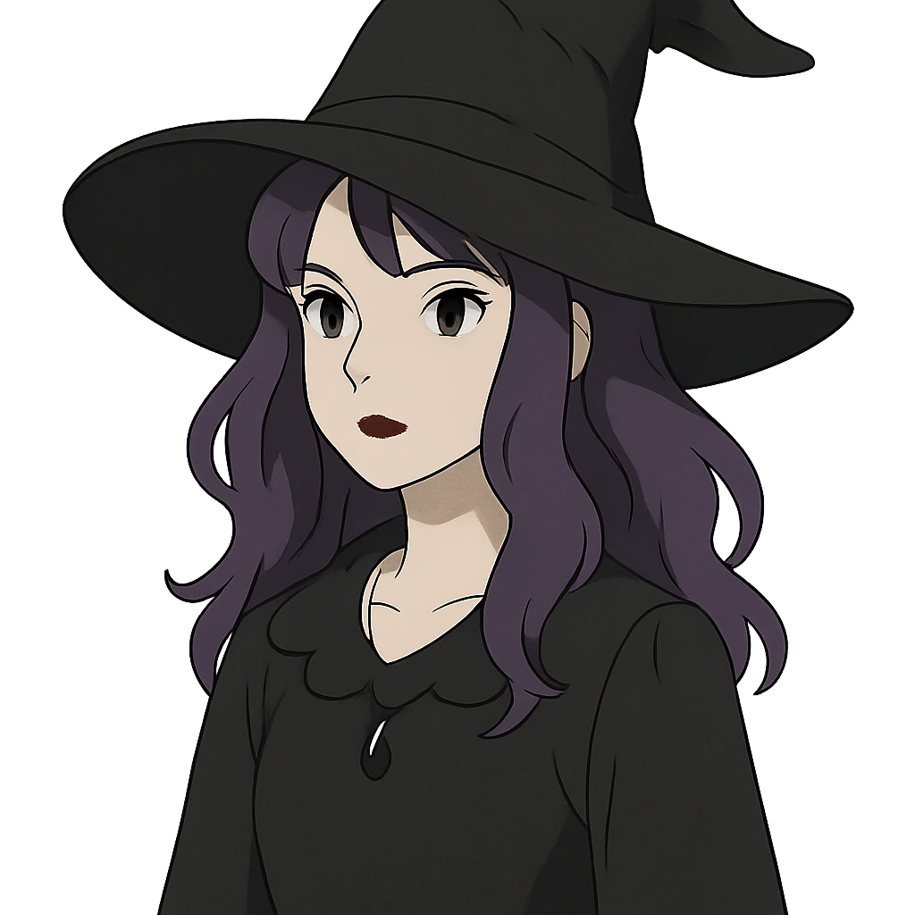 gothic woman with purple hair, witchy touch, in ghibli style emoji