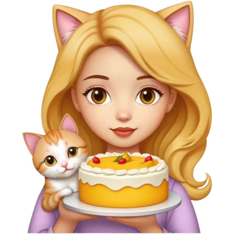 Beautiful girl holding a big mango cake and a kitten in her hands emoji