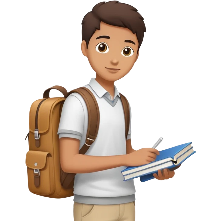 A flat-style illustration of a university student, holding a few textbooks and wearing a messenger bag. Clean, modern cartoon style, white background, iOS emoji aesthetic. emoji