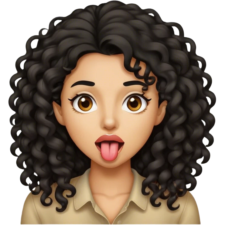 light brown woman sticking her tounge out, long black curly hair emoji