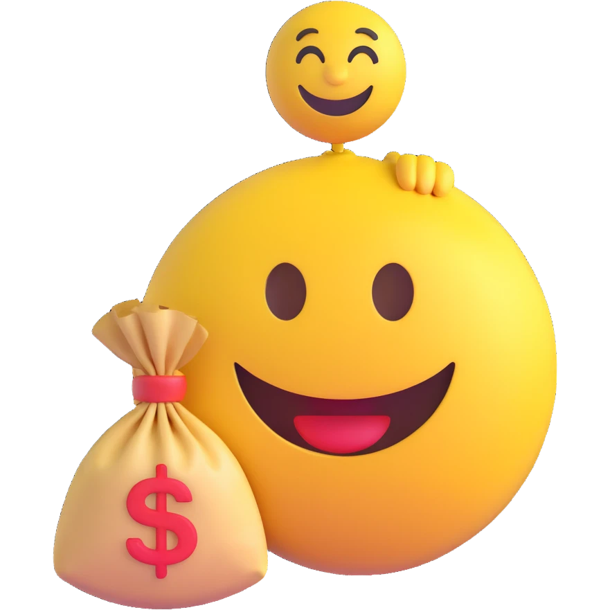 3D smiley emoji, round shape, lucky money bag, lucky face emoji