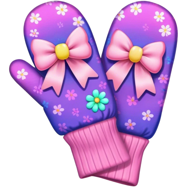 Psychedelic colored mittens with a flower and pale pink bow emoji
