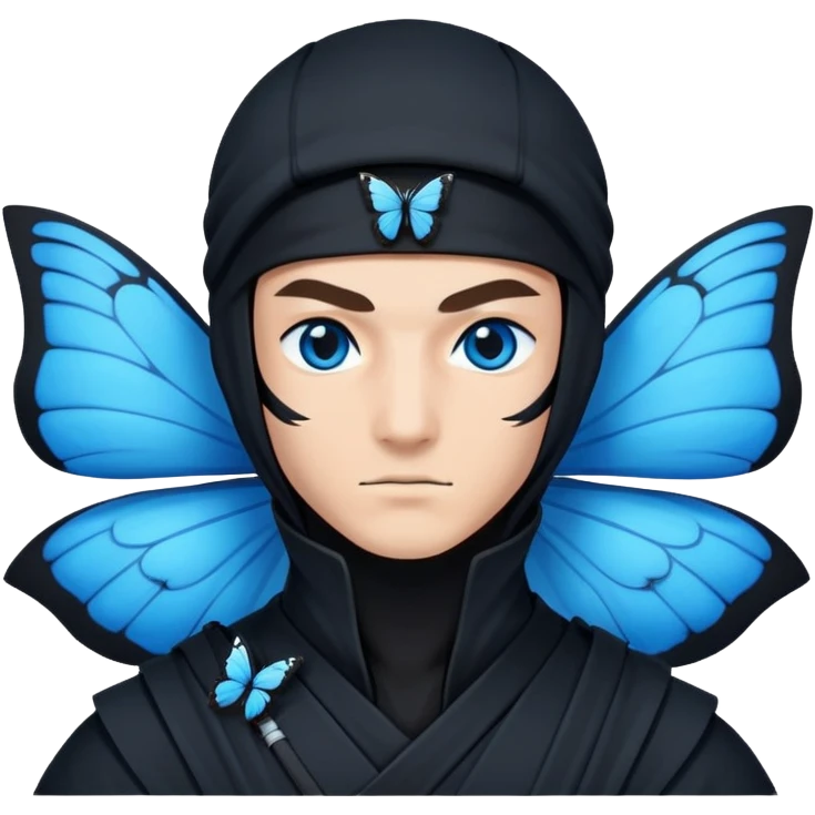 Crea un emoji para usar en WhatsApp con estos dos emoji 🥷🏻 🦋.
Ninja vestido de negro con ojos negros y con la piel blanca y una mariposa azul posada en su hombro izquierdo como si la mariposa estuviera volando en su hombro. emoji