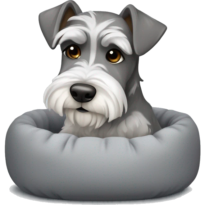 Grey and white mini schnauzer with dark brown eyes full body asleep in fluffy grey dog bed      emoji