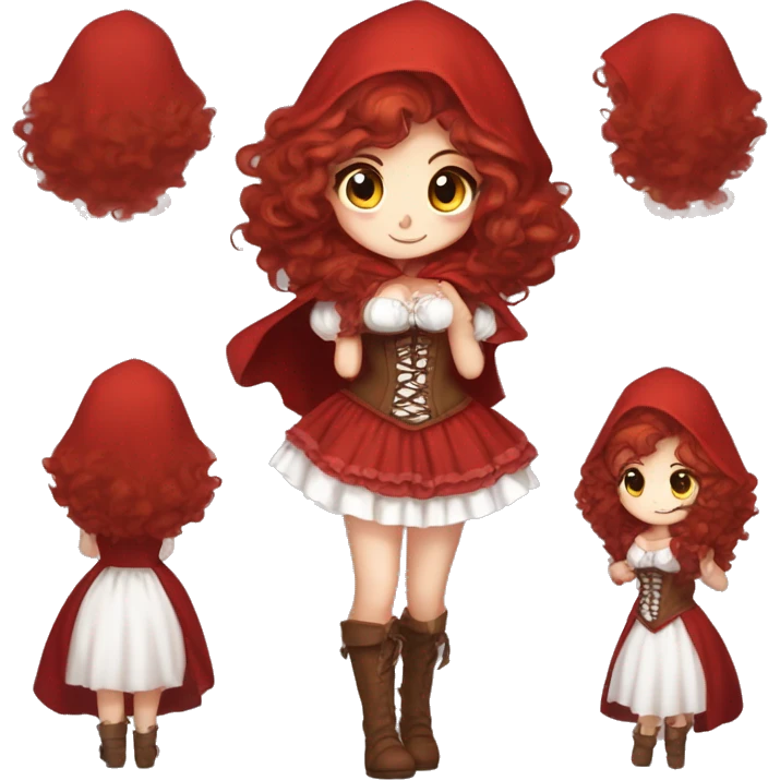 Little Red Riding Hood long curly red hair, brown corset and dress full body pose non-chibi emoji