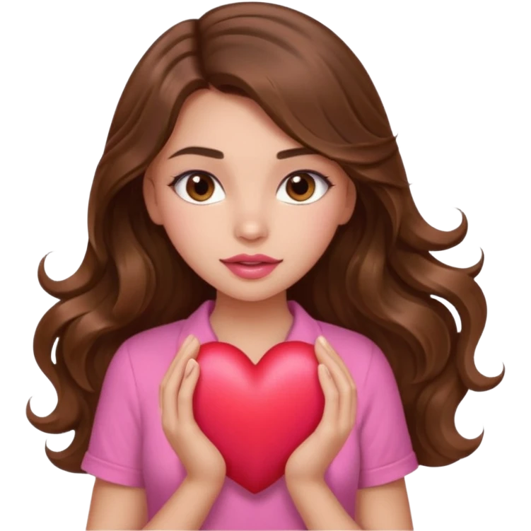 girl with long wavy brown hair, brown eyes, light to medium complexion, in a pink shirt, pink lips, long lashes, squeezing a big heart emoji