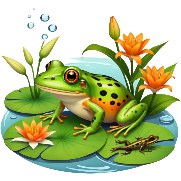 Icon for Amphibians: A colorful collage featuring a frog sitting on a lily pad, a salamander crawling on the ground and a newt swimming in water. The background features lily flowers and a calm pond setting. Transparent background. emoji