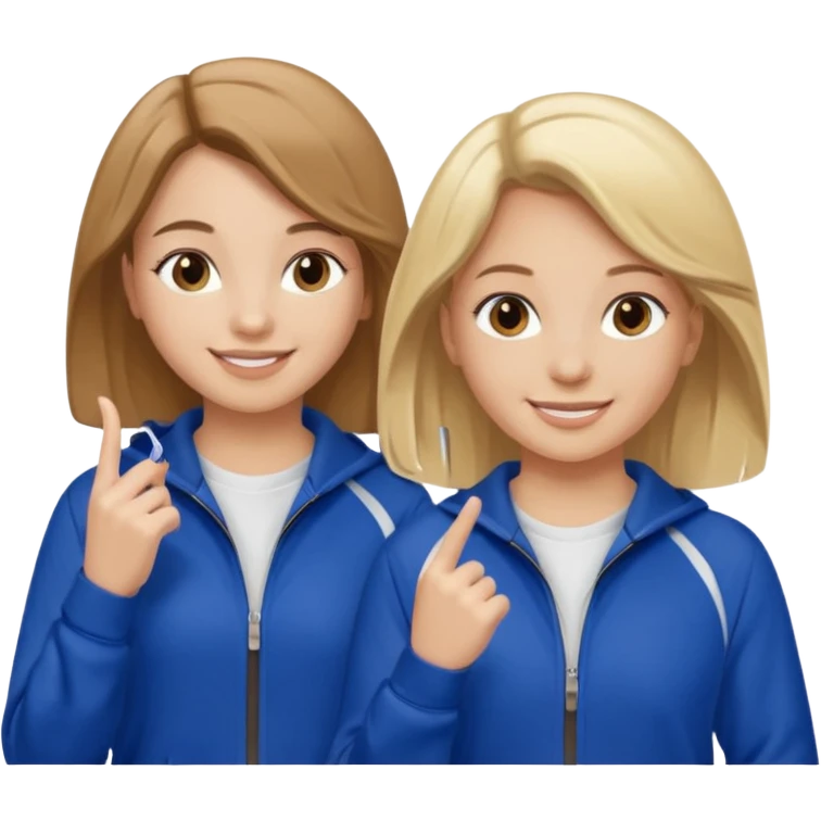 two girls smiling one has blond hair and one is has brown hair they are wearing royal blue track suits emoji