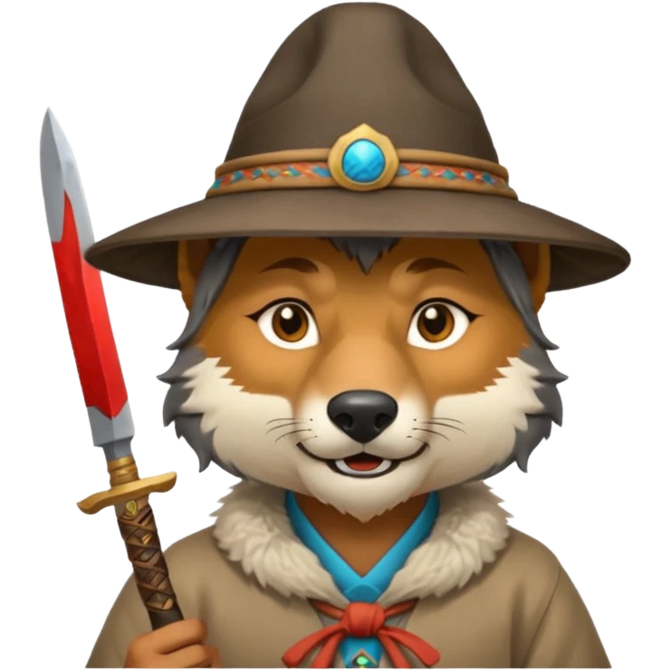 wolf face, mogolian ancient with small knife and hat emoji