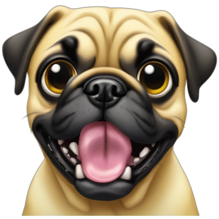 yellow cartonish pug dog with two big and black eyes with a white shine and some little teths out of this mouth emoji