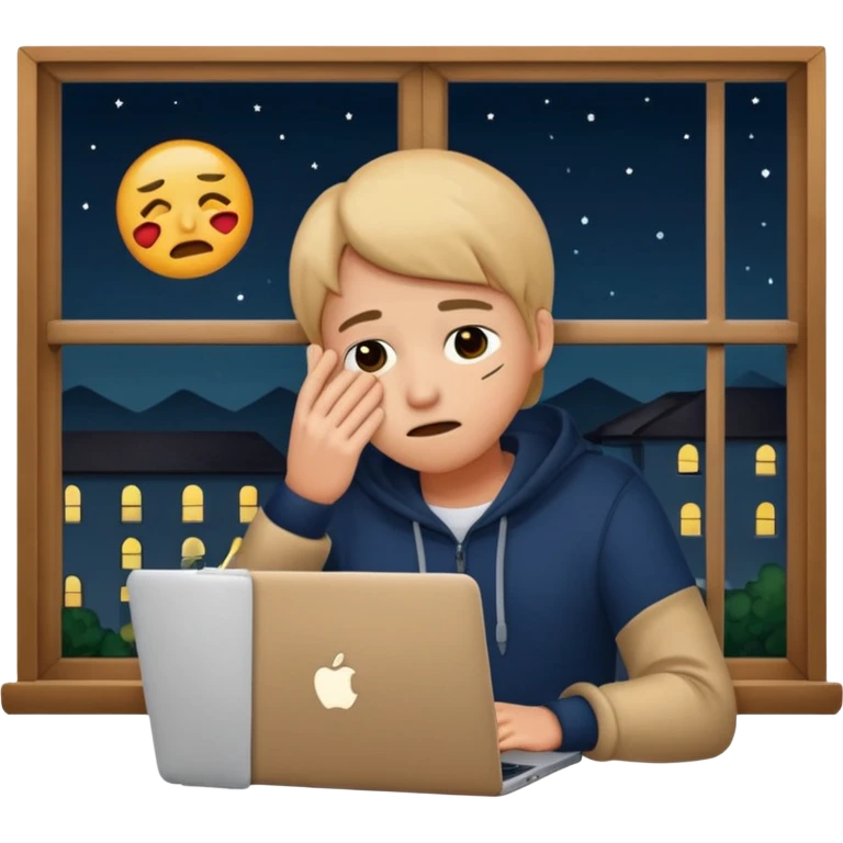 tired student with laptop, window at night behind, hand covering face, apple style emoji emoji