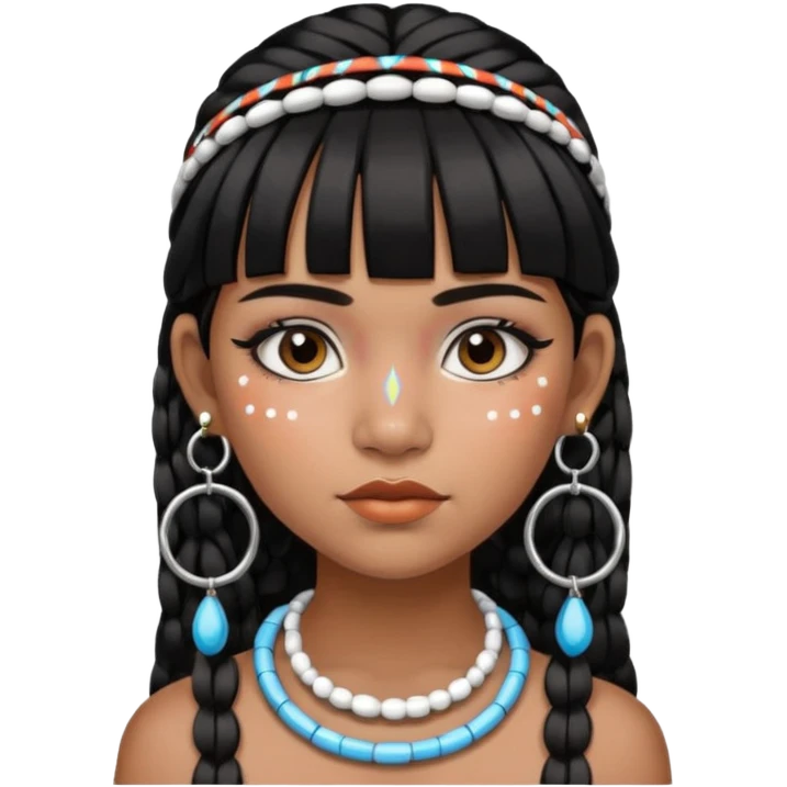 Chica indígena con maquillaje tradicional de indígenas con puntos y rayas, pelo liso y flequillo, con aretes de candongas grandes  emoji