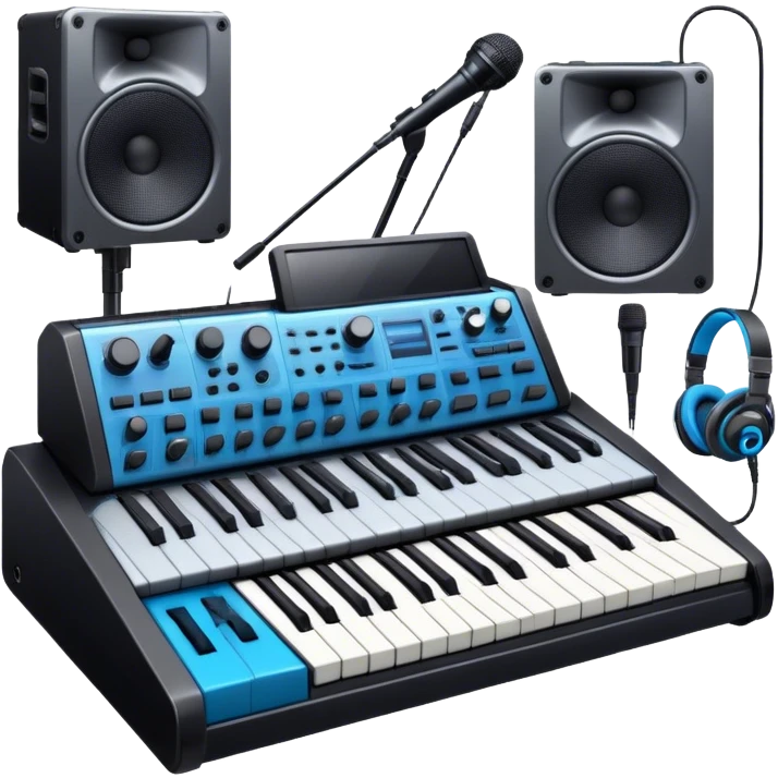 Create a professional and detailed emoji that represents sound design. The design should feature a high-end studio synthesizer (like the Korg), a sound mixing console with visible wires, large studio speakers, and a microphone to symbolize the essential equipment in sound design. Add musical note waves flowing around the equipment to emphasize the connection between sound creation and musical composition. Use sleek, modern colors like black, silver, and neon blue to represent the professional and futuristic nature of sound design. The background should be transparent. emoji