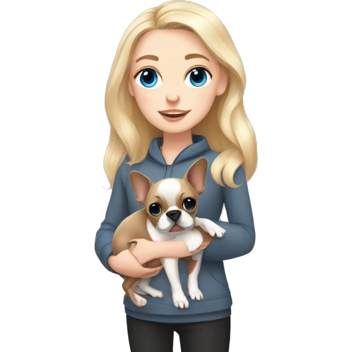 Blonde girl blue eyes holding a dark grey frenchie and a fawn pied frenchie emoji