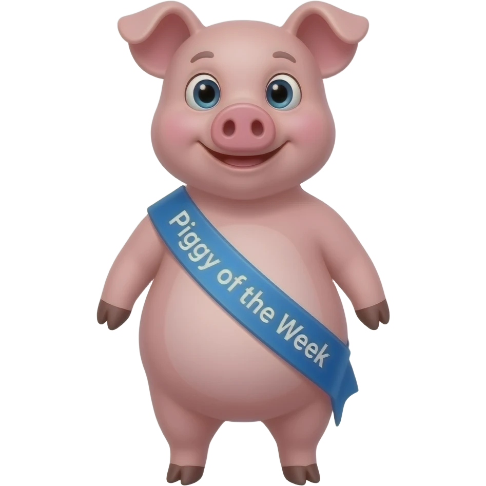 Pig standing up wearing sash that says “Piggy of the Week” emoji