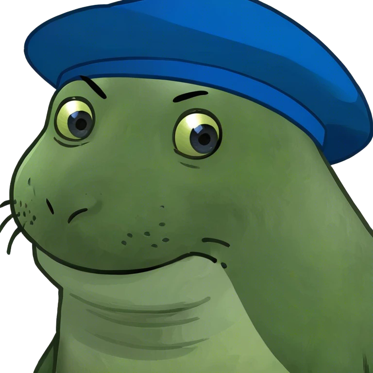 Smirking seal with a blue sideways hat emoji