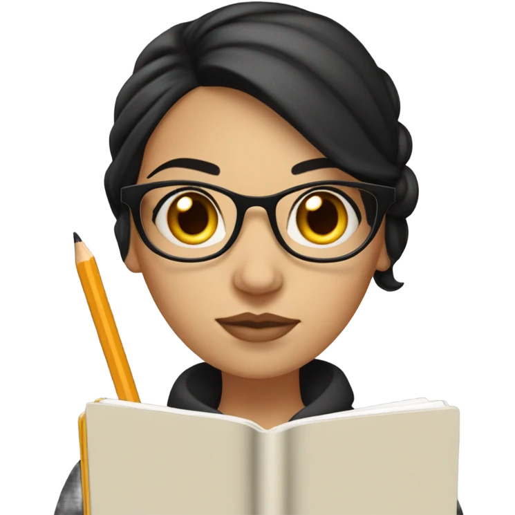 An caucasian woman with Black hair with a bun in the top of her head, she has glasses, she is writing a note on her notebook, we can see her pencil while writing emoji