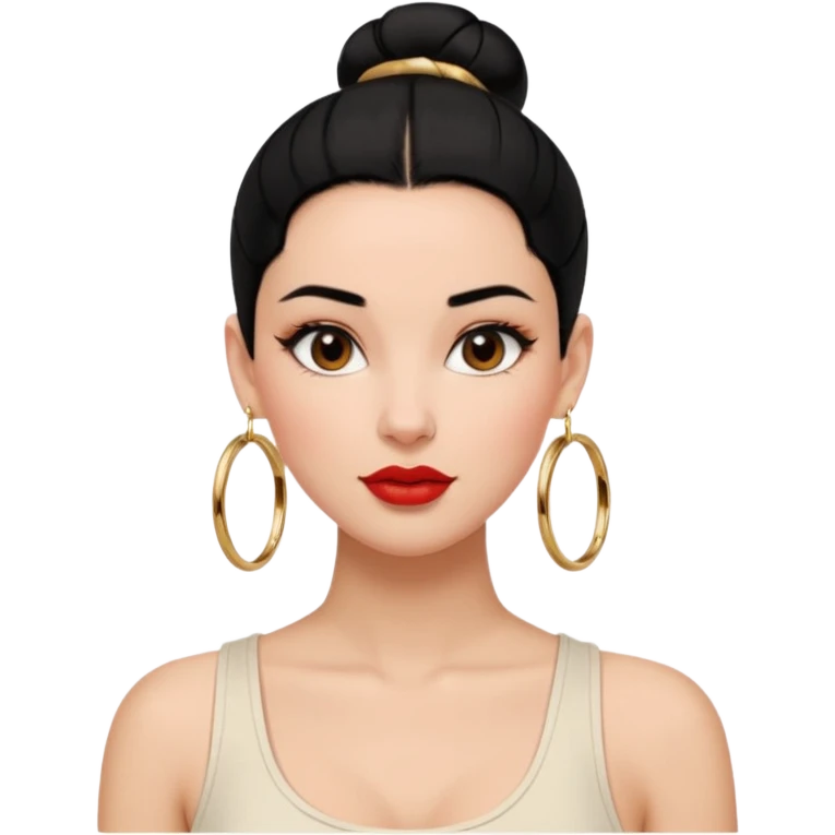 정면 얼굴위주 여성 이모지 생성 : 얼굴이 조금 검고, 검정 헤어를 가진, 올빽머리 스타일링으로 묶고, 볼드한 골드 링귀걸이, 짙은 눈썹과 블러시 위주의 내추럴메이크업, 립은 웜톤레드, 흰색 나시 탑을 입음 emoji
