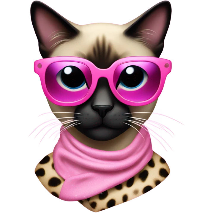 Siamese cat, wearing a leopard print scarf and futuristic pink glitter sunglasses emoji