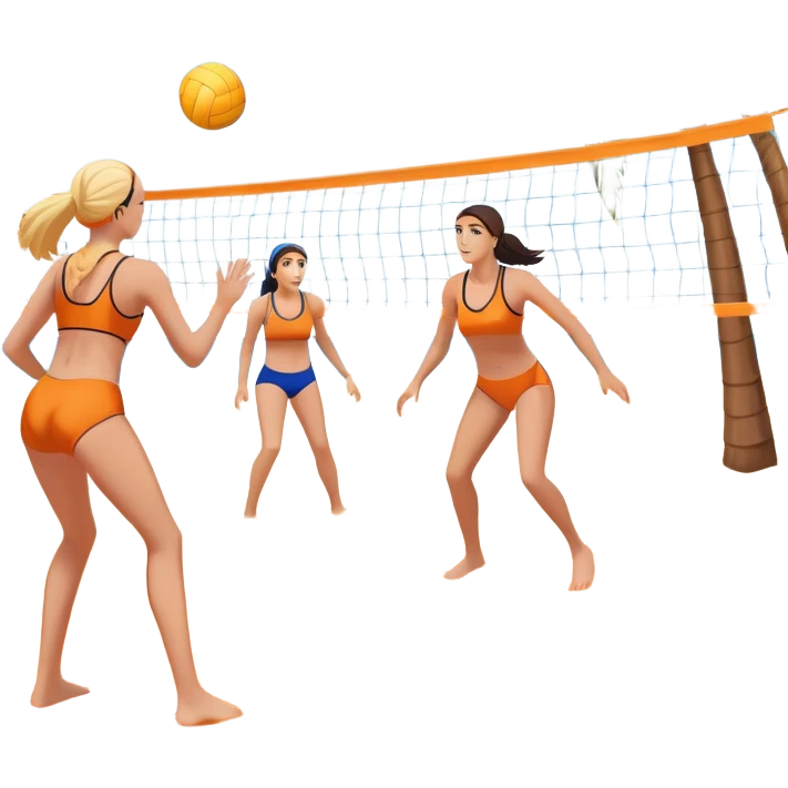 A volleyball resting on the orange sand of a beach, with a volleyball net in the background. The scene includes a beautiful beach landscape with blue sea, sky, and palm trees, while a couple of women in swimsuits play in the distance, capturing the relaxed yet competitive vibe of beach volleyball. emoji