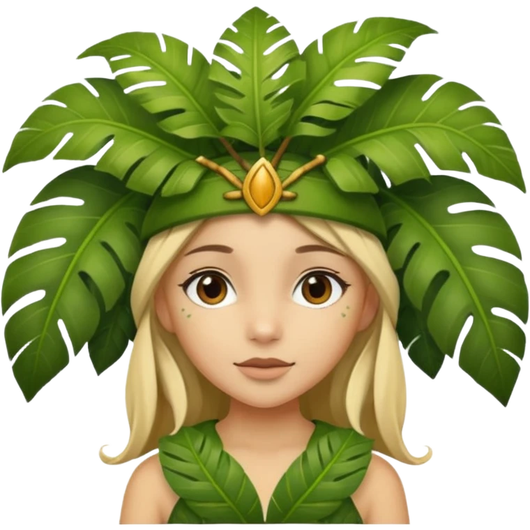 a girl with jungle wearing a large leaf headgear bye  emoji