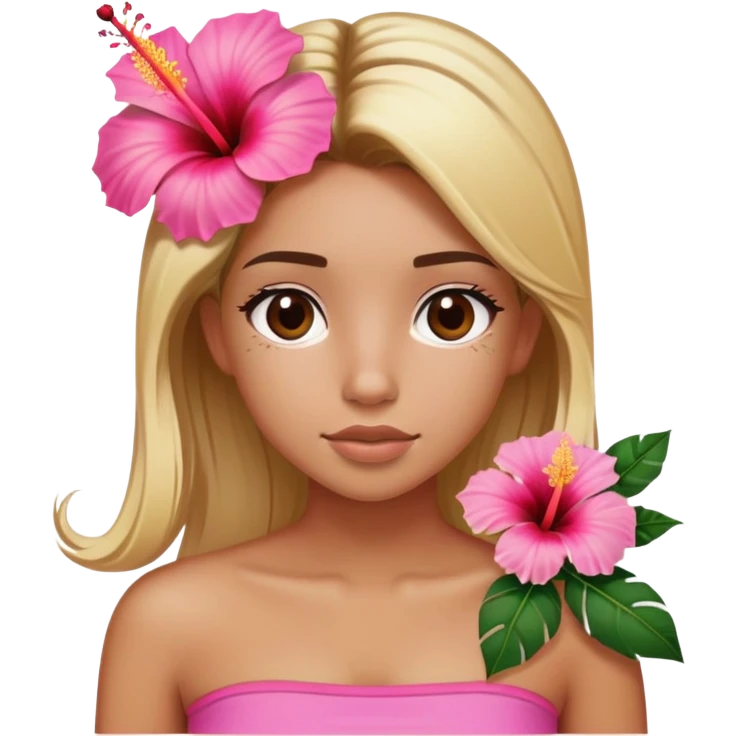 tan girl with blonde hair and brown highlight streaks with a hibiscus flower in her hair wearing a pink tube top with tan lines showing emoji