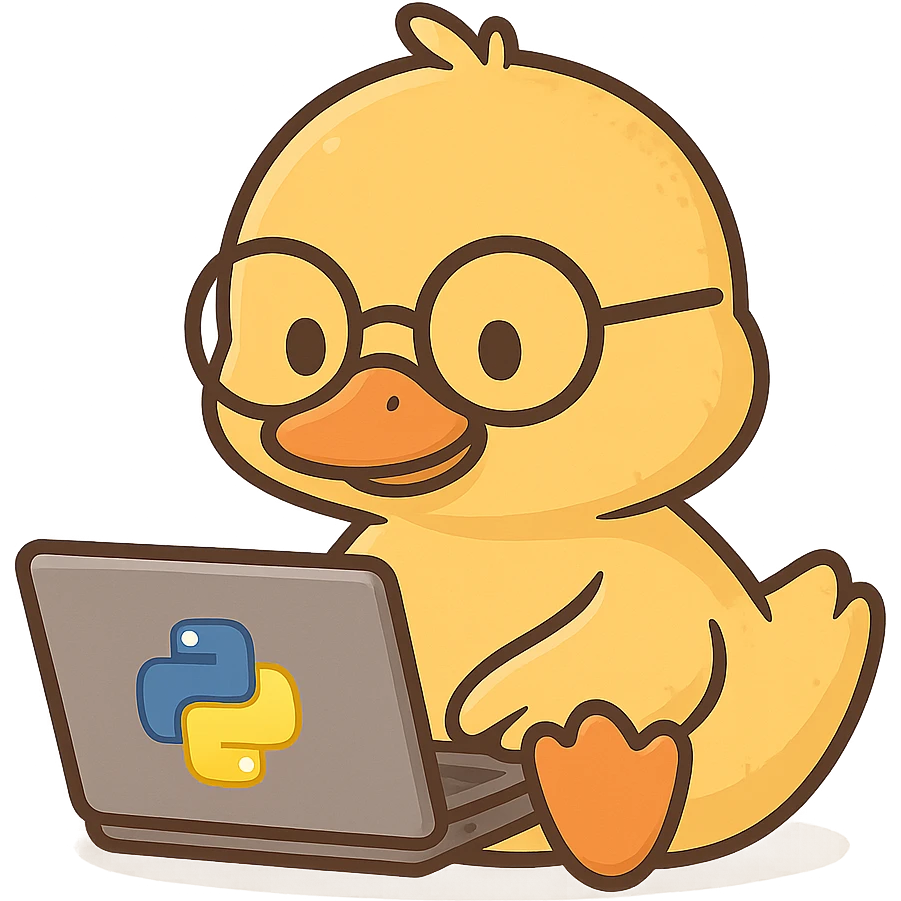 Animated duck wearing glasses, programming Python on a laptop, in a cute cartoon style emoji