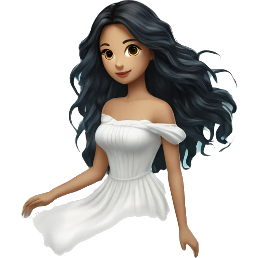 Pretty young Lady doll posing posed pose with long black hair flowers in hair white dress surrounded by flowing water emoji