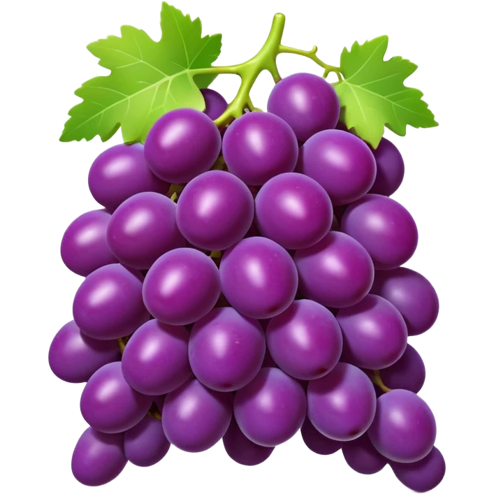 3D iPhone style emoji of a bunch of grapes, plump and shiny, purple color, attached to a small green stem, isolated on white background, soft shadows, high detail, playful and cute. emoji