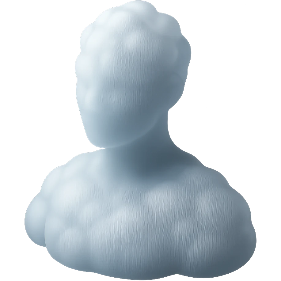 A person from shoulders up, fully made of white fluffy convex clouds, matte glass style, no shadows, no background, no extra details. emoji