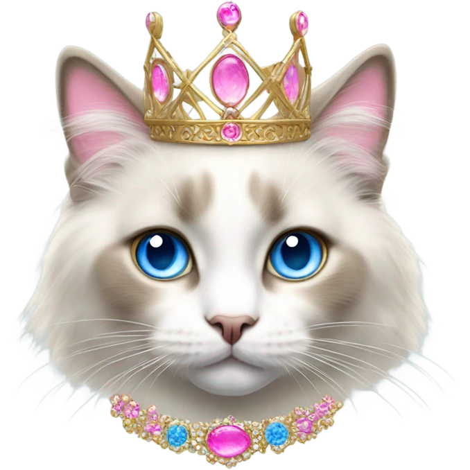 Realistic ragdoll cat with blue eyes wearing pink and gold tiara emoji