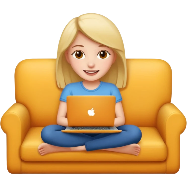 A girl is working with a laptop while lying on the sofa emoji