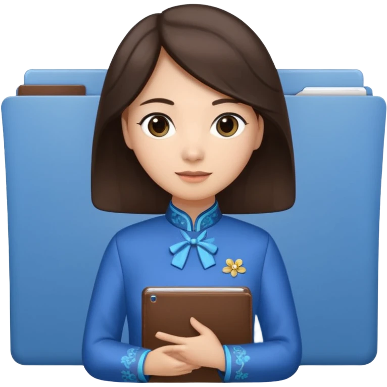 Teacher emoji but : wavy dark brown hair, light skin, no glasses, dark eyes, with a computer folder in the hand, being a teacher, wearing a chinese qipao (brown & blue) 

 emoji