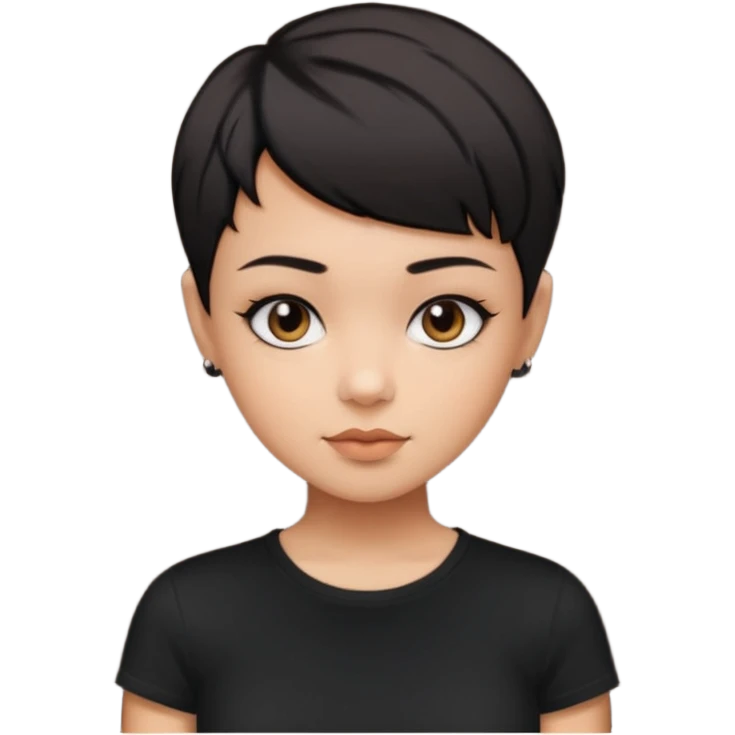A girl with black short pixie haircut cut, dark brown eyes that almost look like black, caramel tone skin colour. Wearing a black t-shirt.  emoji