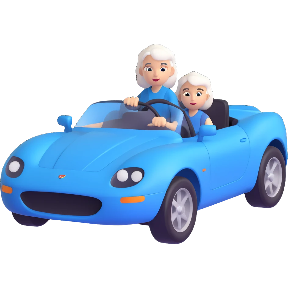 mother with white hair driving a blue sports car emoji