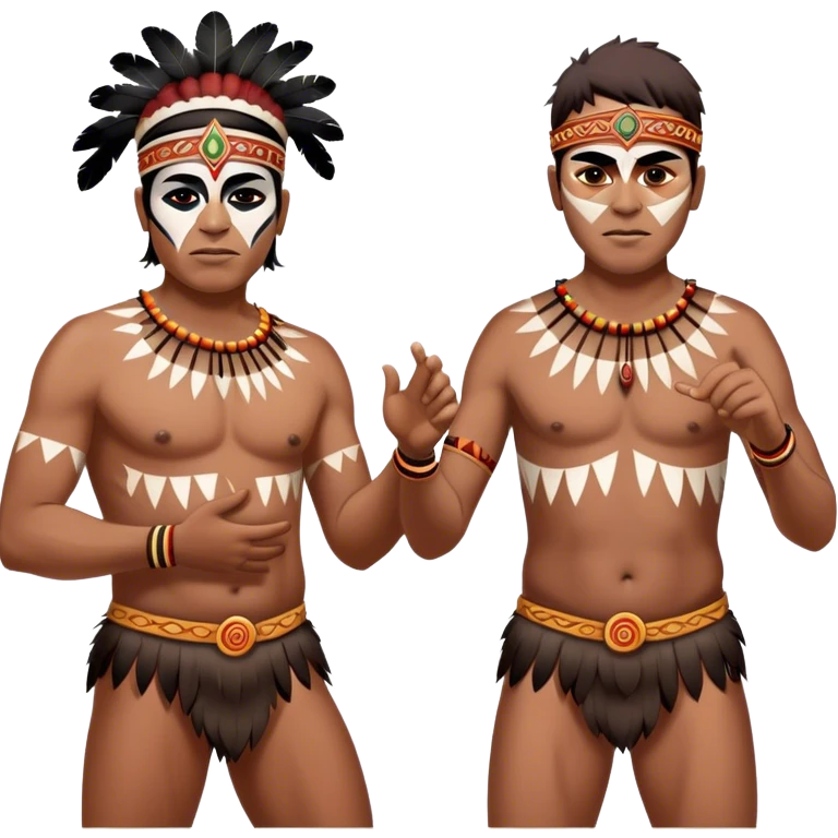 Cinematic Realistic scene of two indigenous male aboriginals performing an Aboriginal Corroboree, adorned in traditional body paint, A corroboree is an Australian Aboriginal ceremonial meeting. It usually includes celebration of Aboriginal mythology and spirituality, which is based in the Dreaming emoji